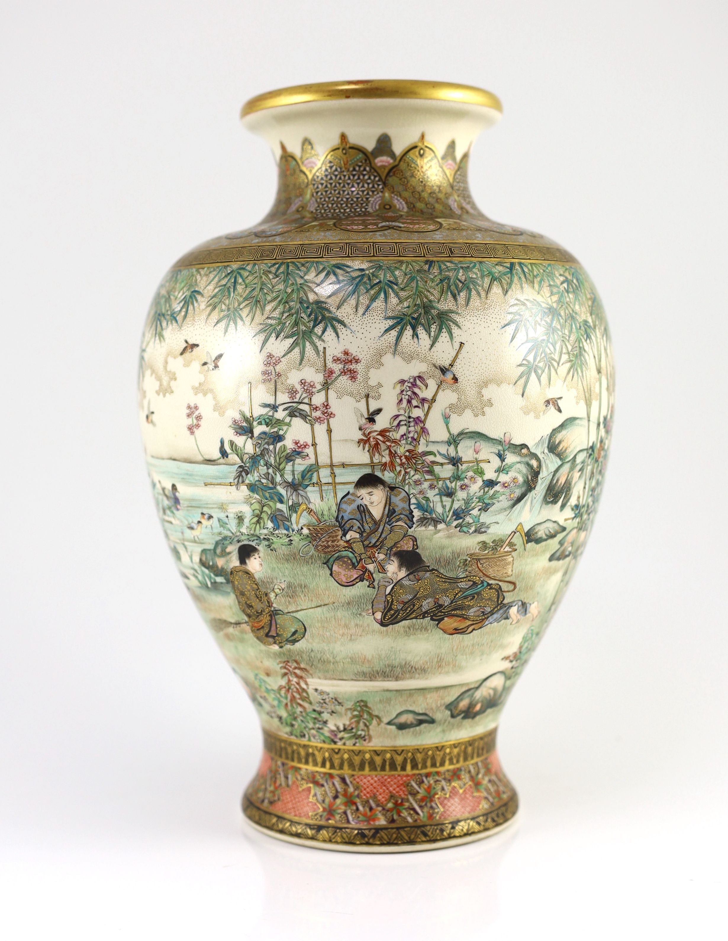A fine Japanese Satsuma pottery vase, signed Takezan, Meiji period, 31cm high